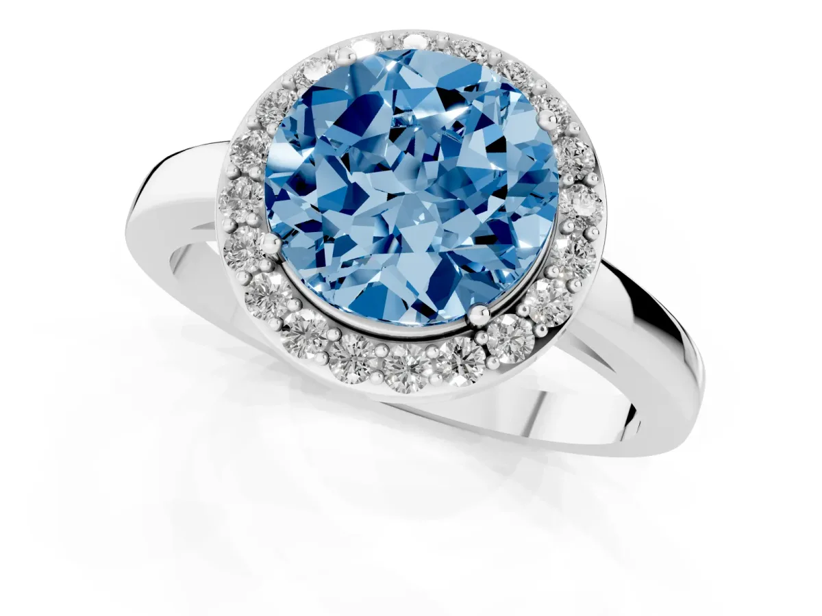 Fancy Blue Round Cut Halo Diamond Ring with Solitaire Band and Prong Setting Silver