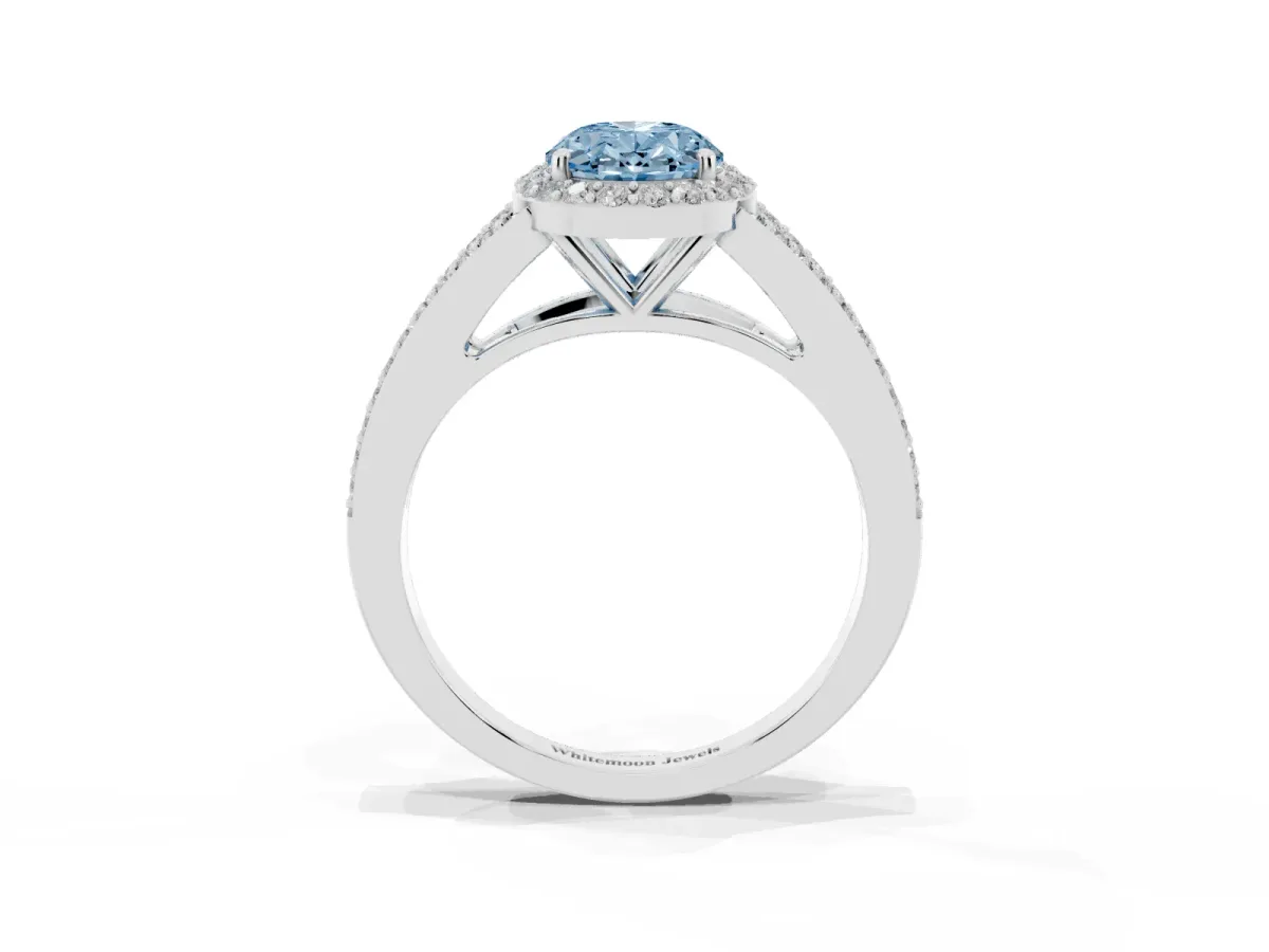 Fancy Blue Oval Cut Halo Split Shank Diamond Ring with Prong Setting Platinum