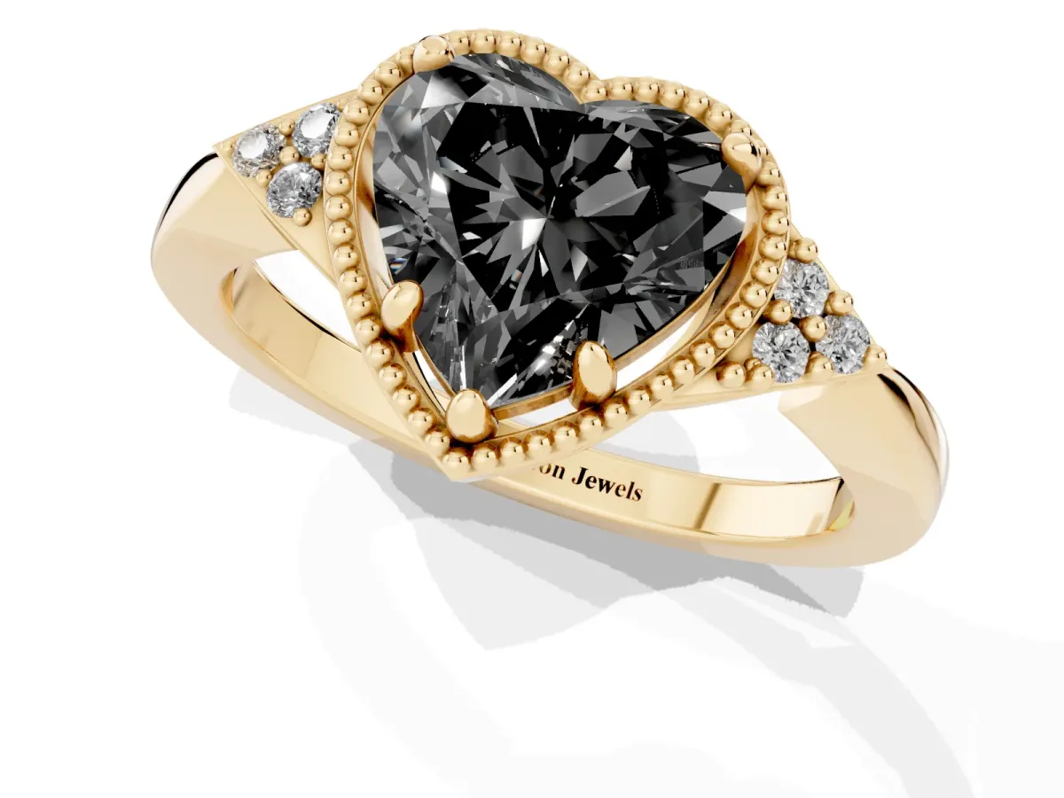 Fancy Black Hexagonal Halo Heart Cut Diamond Solitaire with Pavé Band and Four-Prong Setting Yellow gold