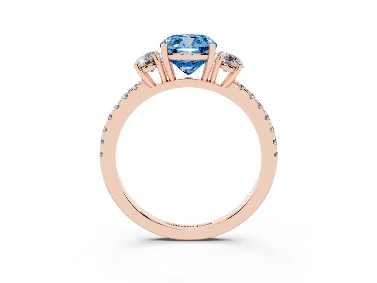 Fancy Blue Three-Stone Cushion Cut Cut Diamond Pavé Band with Prong Setting Rose gold