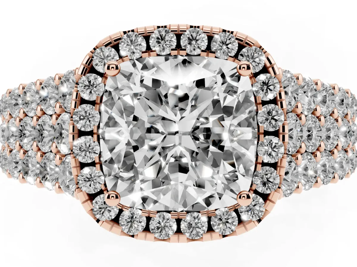 Cushion Cut Diamond Halo Engagement Ring with Triple Row Round Pavé Band and Prong Setting Rose gold