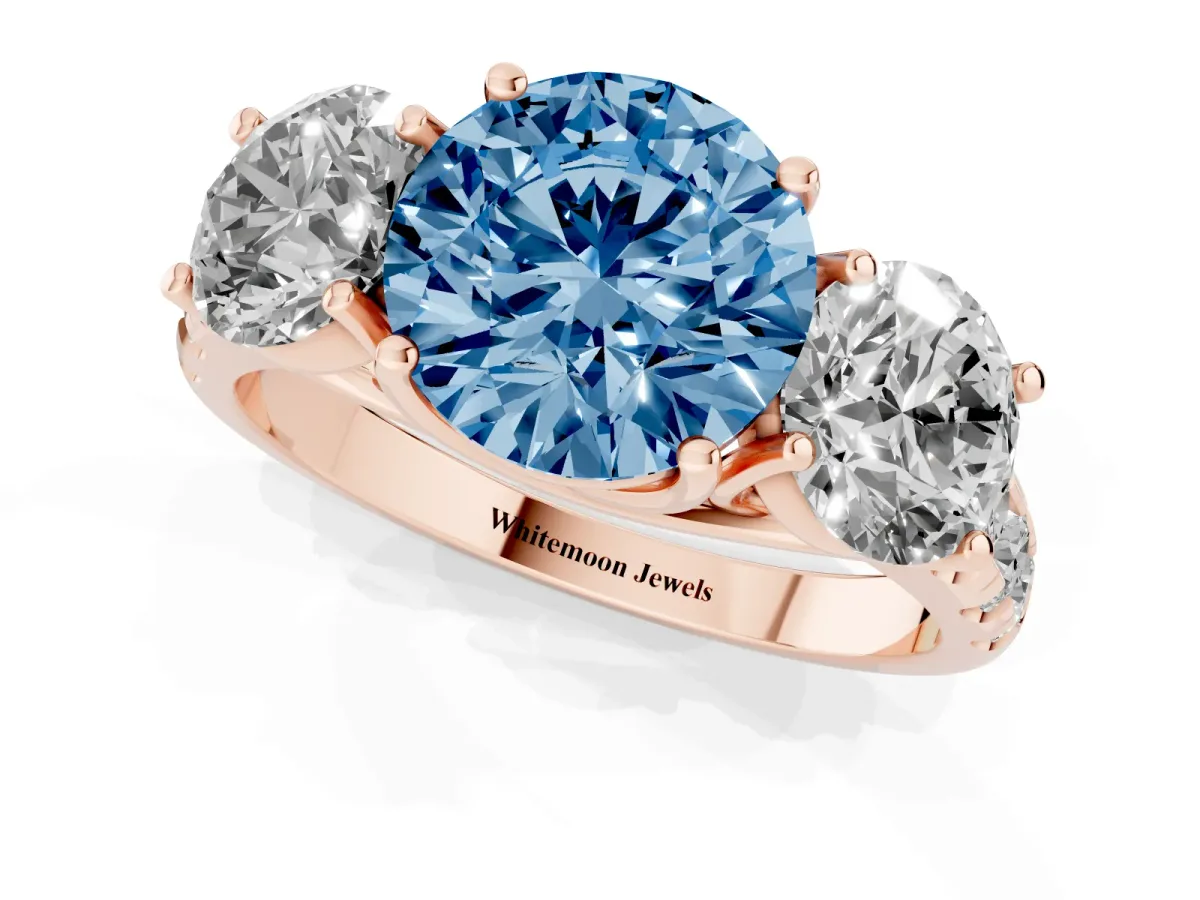 Fancy Blue Three-Stone Round Cut Diamond Pavé Band with Prong Setting Rose gold