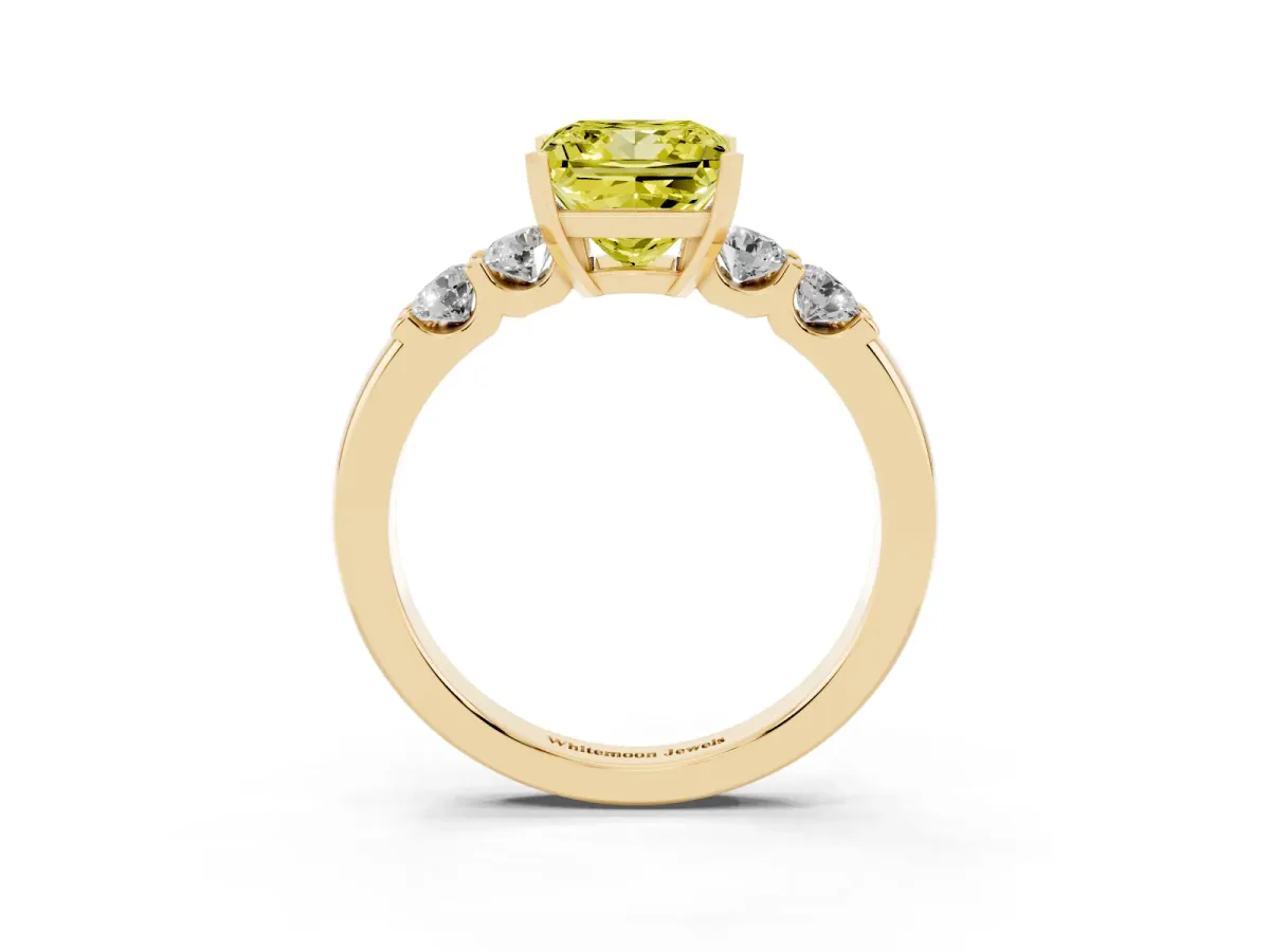 Fancy Yellow Princess Cut Brilliant Cut Diamond Five-Stone Prong Set Engagement Ring with Channel Band Yellow gold