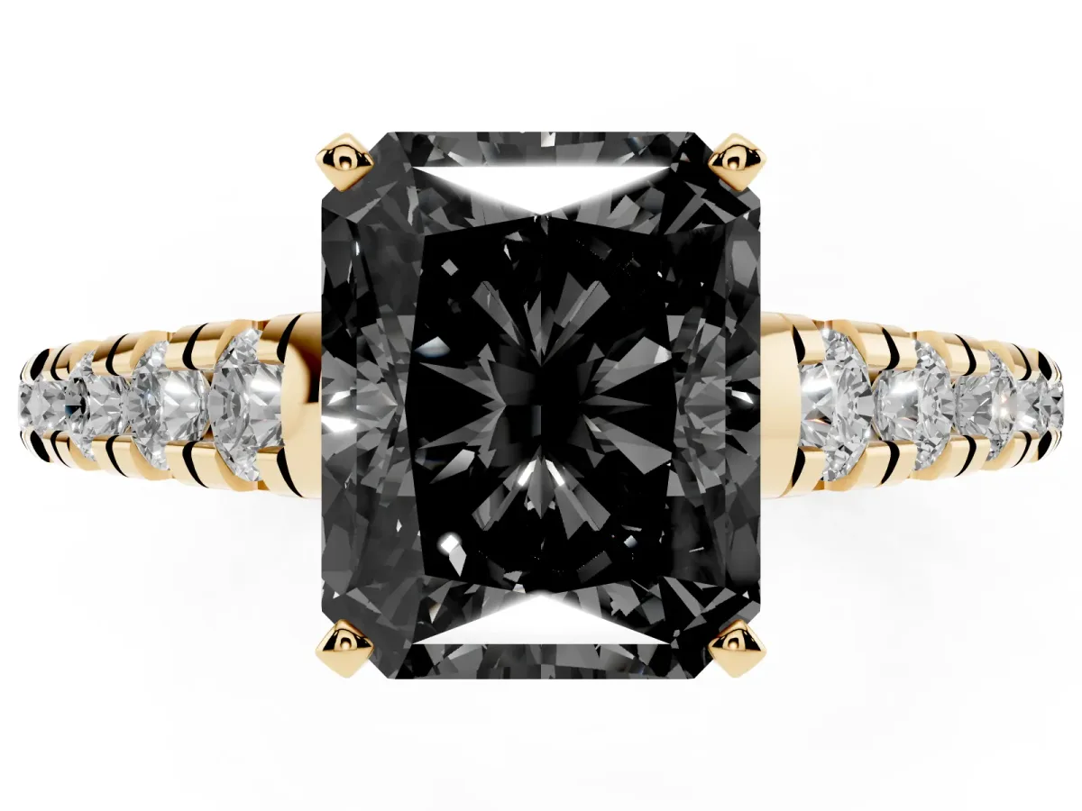 Fancy Black Radiant Cut Diamond Cathedral Solitaire Ring with Round Pavé Band Yellow gold