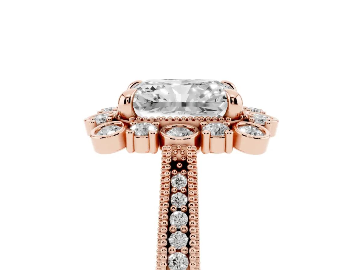 Radiant Cut Halo Milgrain Pave Diamond Ring with Four-Prong Setting Rose gold