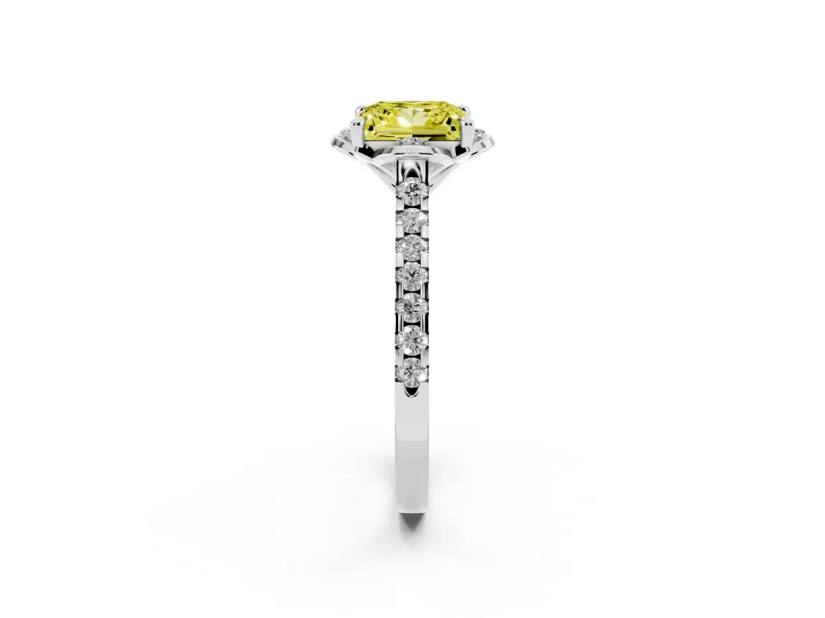 Fancy Yellow Princess Cut Diamond Ring with Pavé Band and Floral Prong Setting Silver