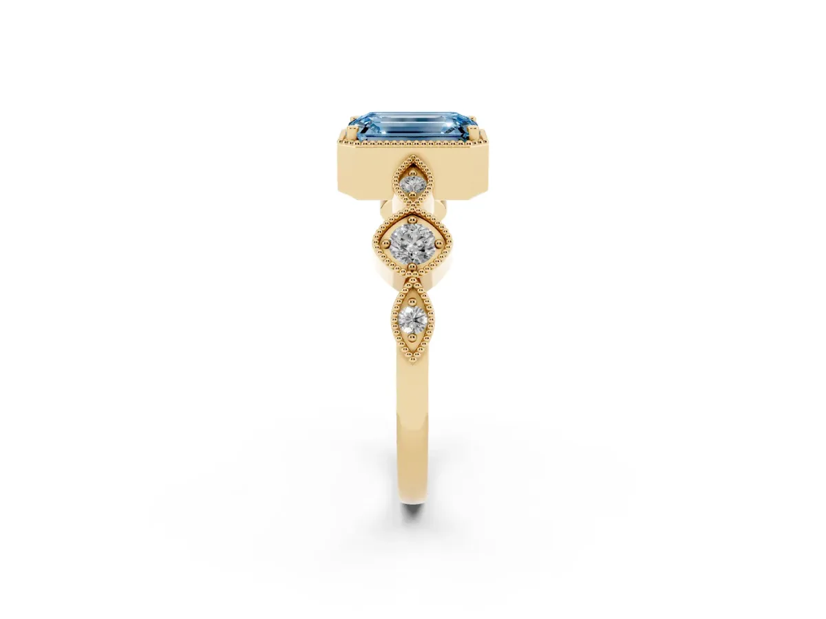 Fancy Blue Emerald Cut Diamond Vintage Milgrain Ring with Round Stations Yellow gold