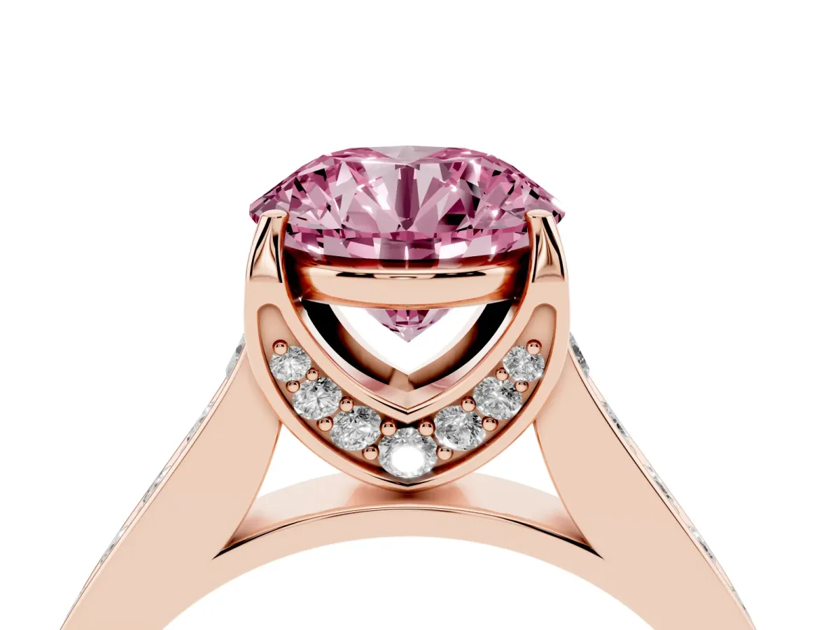 Fancy Pink Round Cut Brilliant Cut Diamond Engagement Ring with Pavé Band and Four-Prong Setting Rose gold