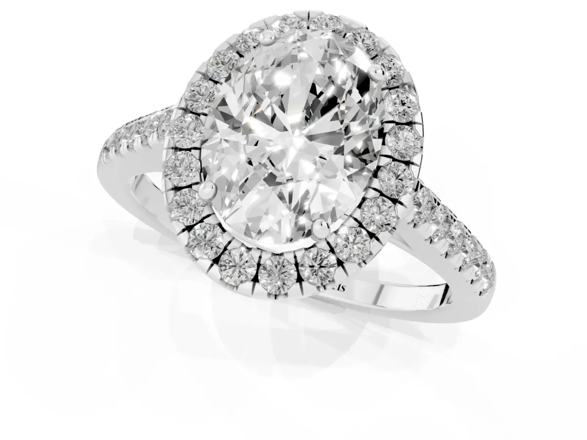 Oval Cut Halo Pave Diamond Engagement Ring with Four-Prong Setting Platinum