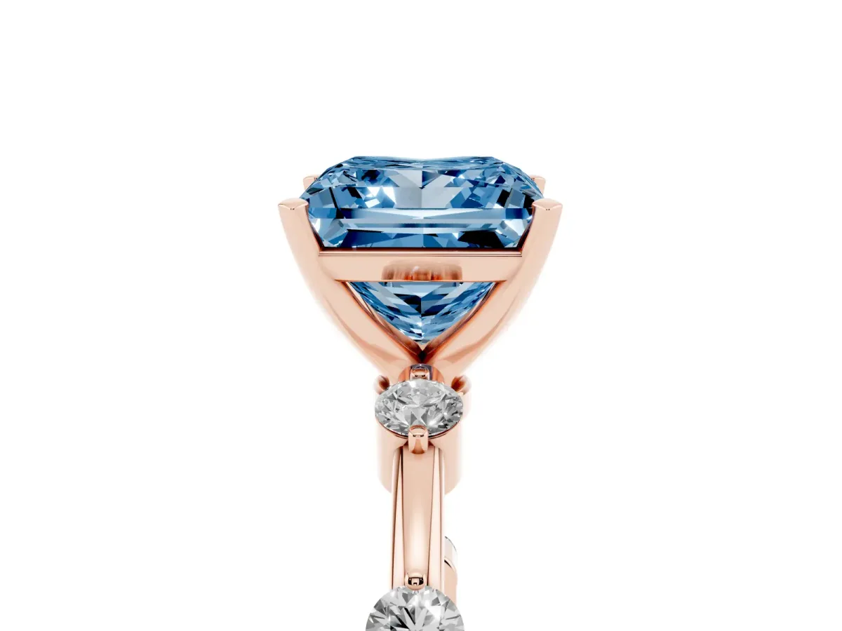 Fancy Blue Princess Cut Solitaire Diamond Ring with Bezel Set Side Stones and Prong Setting Rose gold
