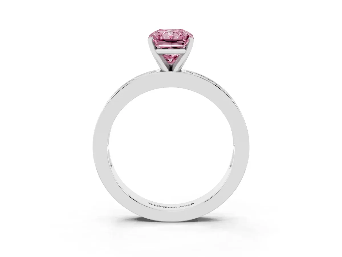 Fancy Pink Radiant Cut Solitaire Diamond Ring with Channel-Set Baguette Band and Four-Prong Setting Silver