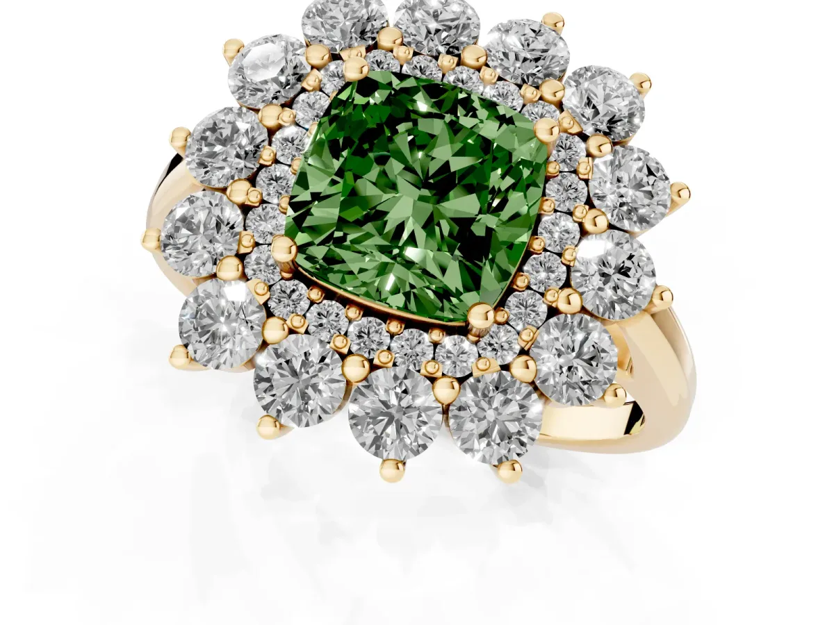 Fancy Green Cushion Cut Diamond Floral Double Halo Engagement Ring with Prong Setting Yellow gold