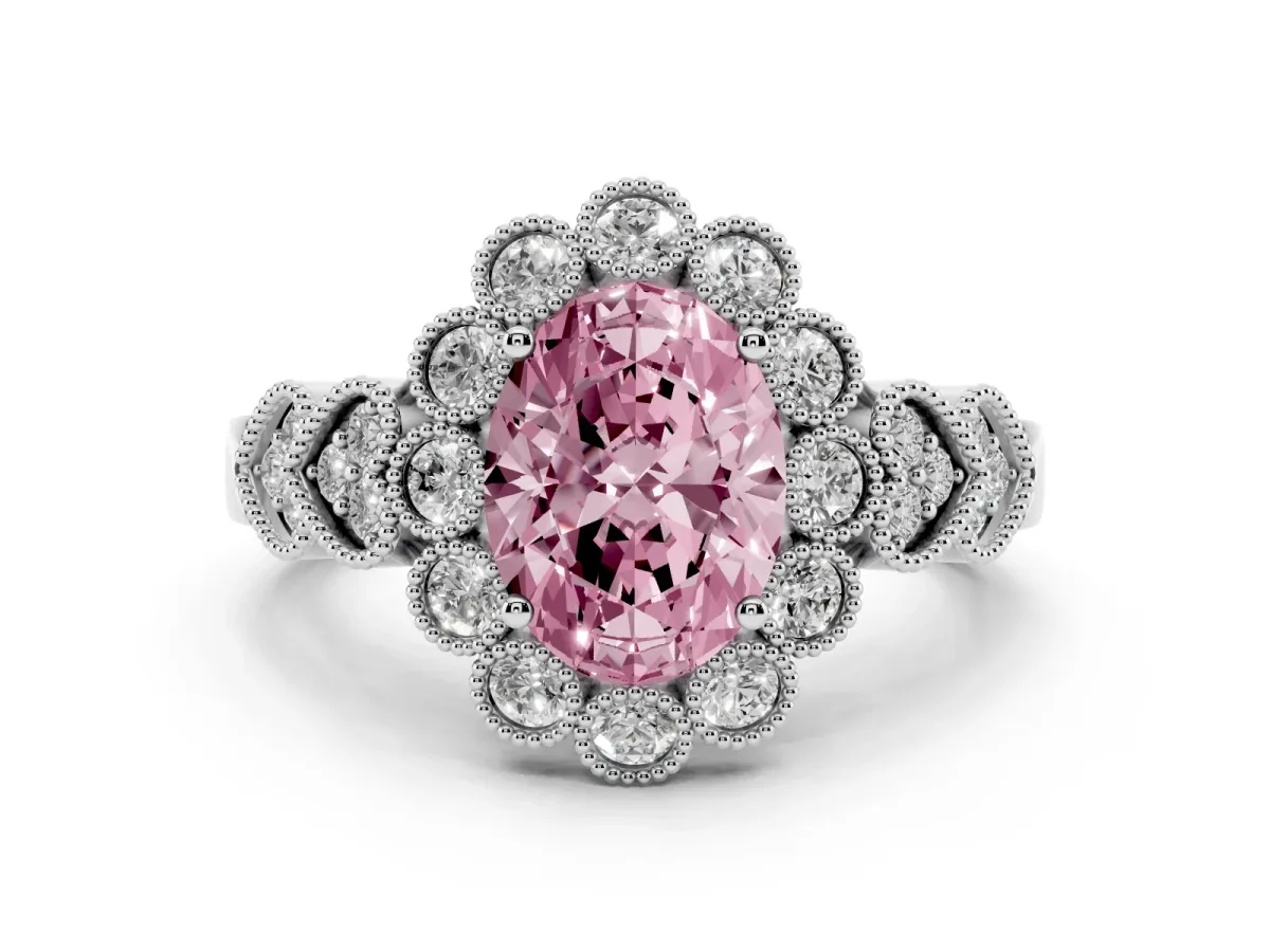 Fancy Pink Oval Cut Brilliant Milgrain Pave Heart Band Solitaire Ring Platinum