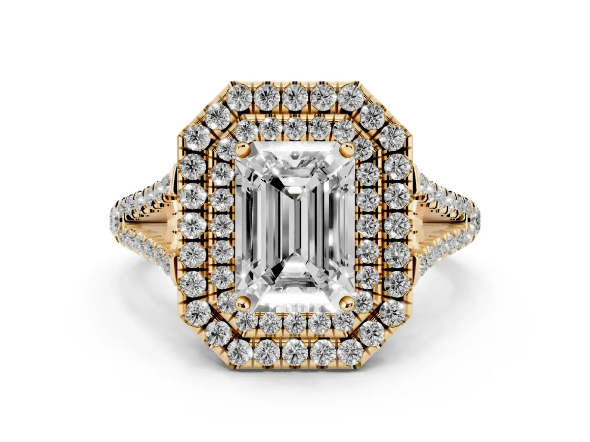 Emerald Cut Diamond Double Halo Ring with Pavé Band and Prong Setting Yellow gold