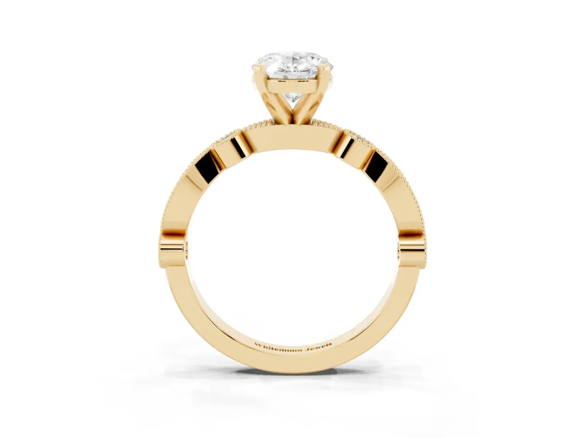 Oval Cut Milgrain Bezel Diamond Engagement Ring with Solitaire Prong Setting Yellow gold