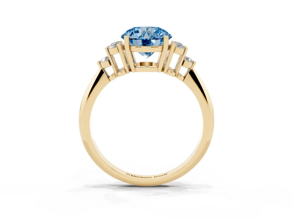 Fancy Blue Round Cut Cut Diamond Cluster Ring with Solitaire Band and Four-Prong Setting Yellow gold