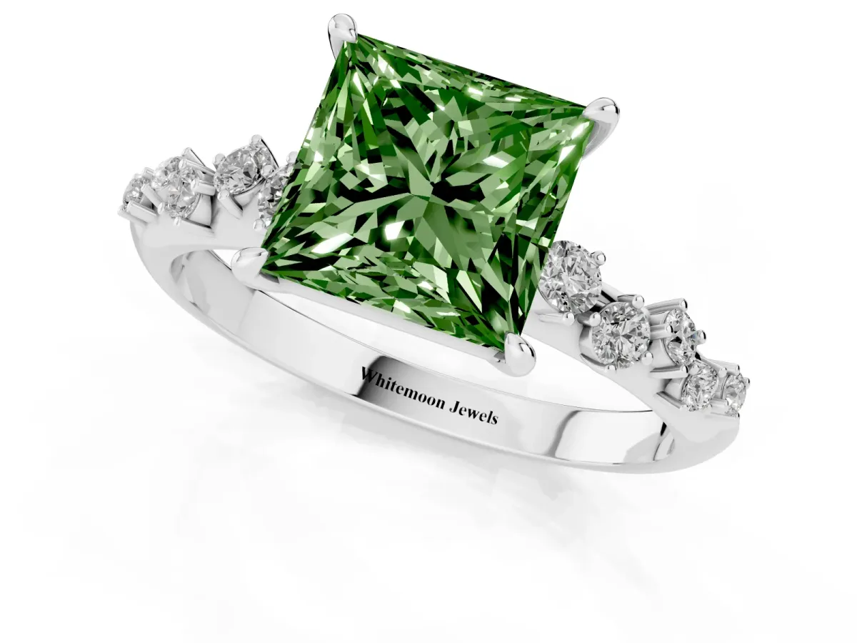 Fancy Green Princess Cut Diamond Cluster Side Stone Solitaire Ring with Prong Setting Platinum