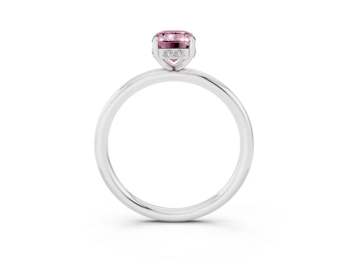 Fancy Pink Emerald Cut Solitaire Diamond Ring with a Classic Band and Four-Prong Setting Silver