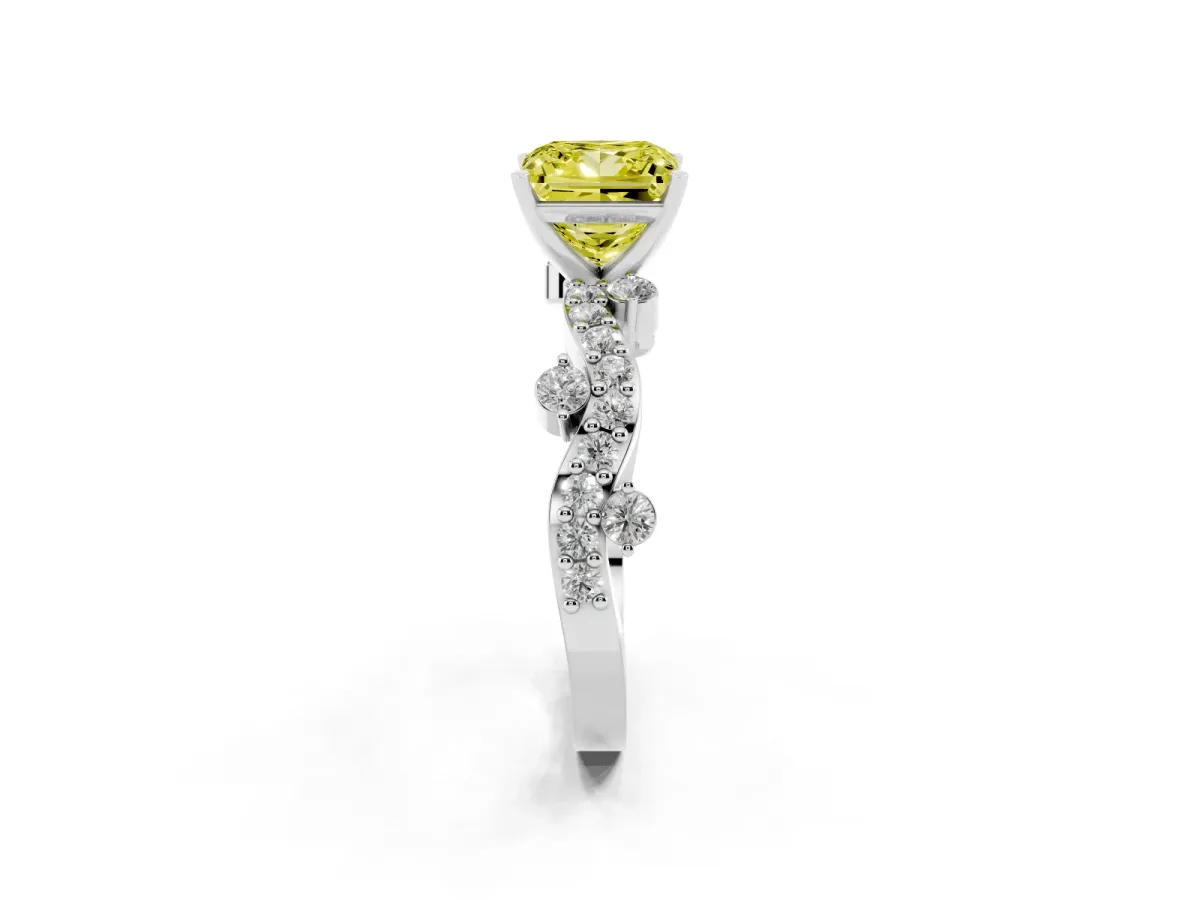 Fancy Yellow Princess Cut Cut Solitaire Diamond Twisted Band with Pave Setting Platinum