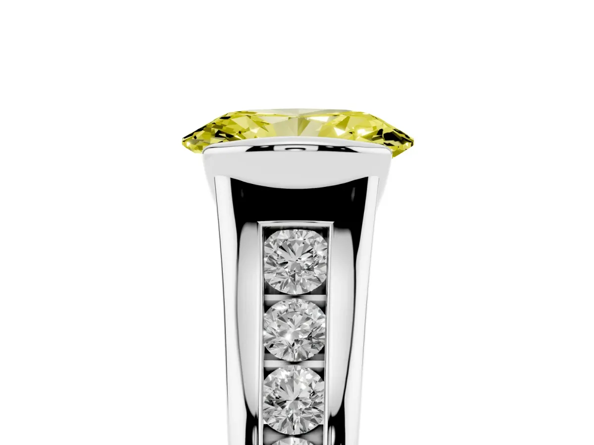 Fancy Yellow Oval Cut Solitaire Bezel-Set Diamond Ring with Channel-Set Band Silver