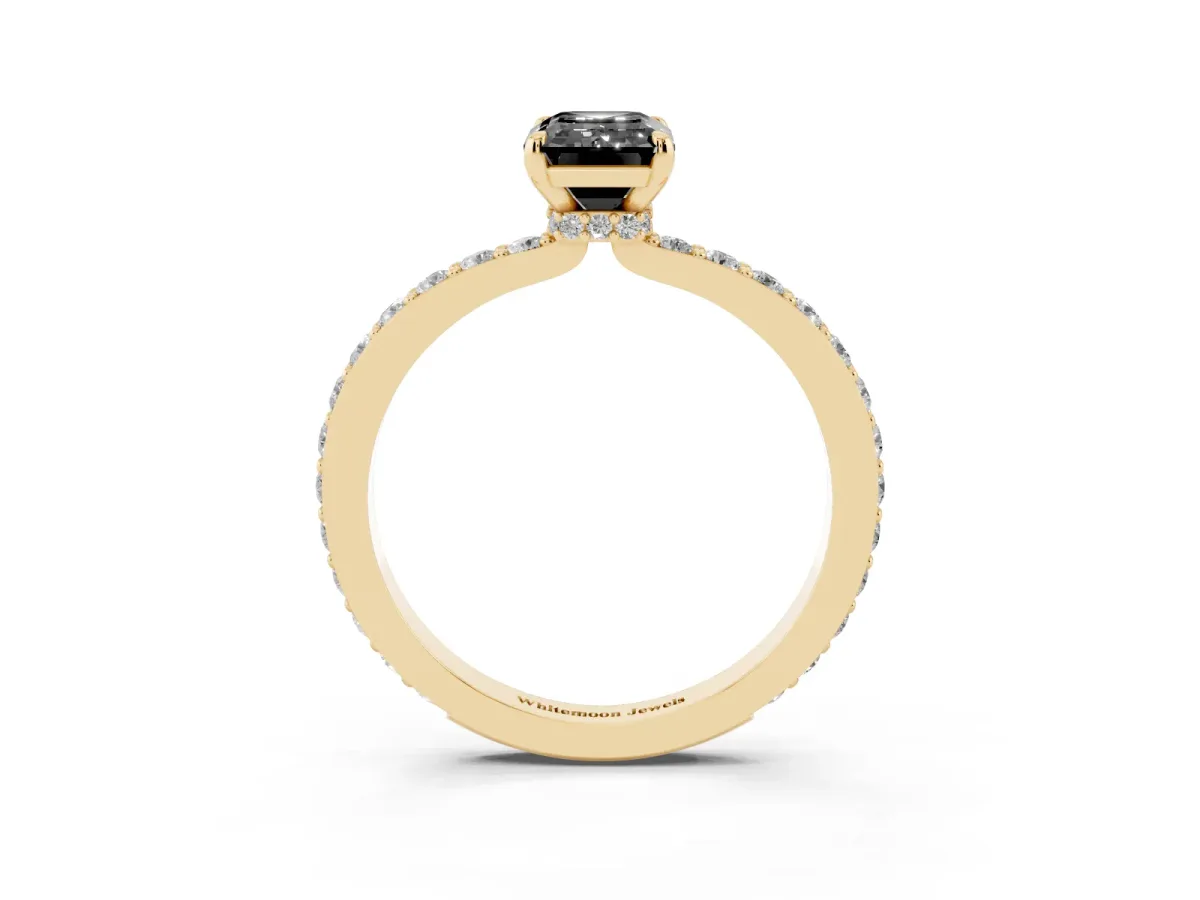 Fancy Black Emerald Cut Diamond Pavé Engagement Ring with Round Accents and Prong Setting Yellow gold