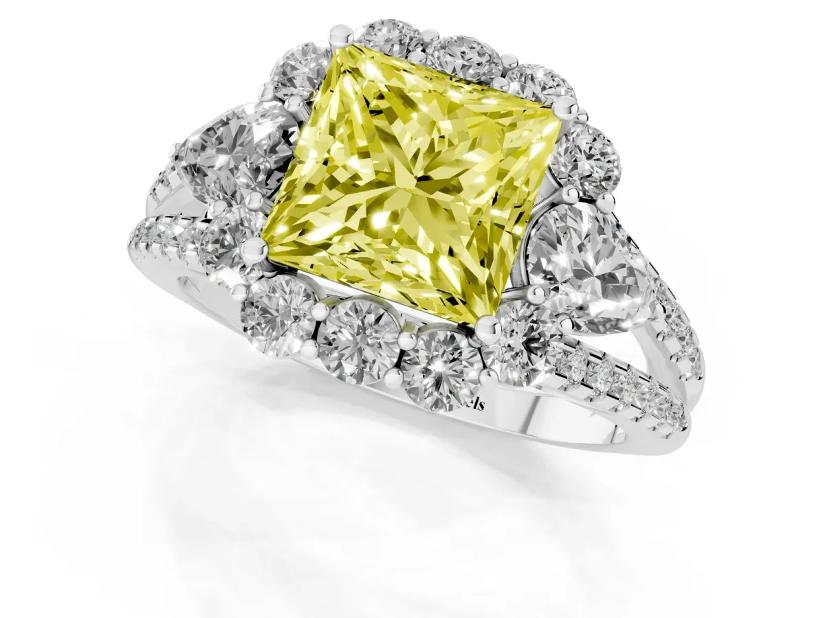 Fancy Yellow Princess Cut Halo Split Shank Diamond Engagement Ring with Prong Setting White gold