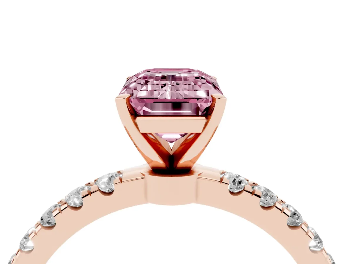 Fancy Pink Emerald Cut Diamond Solitaire Ring with Pavé Accents and Four-Prong Setting Rose gold