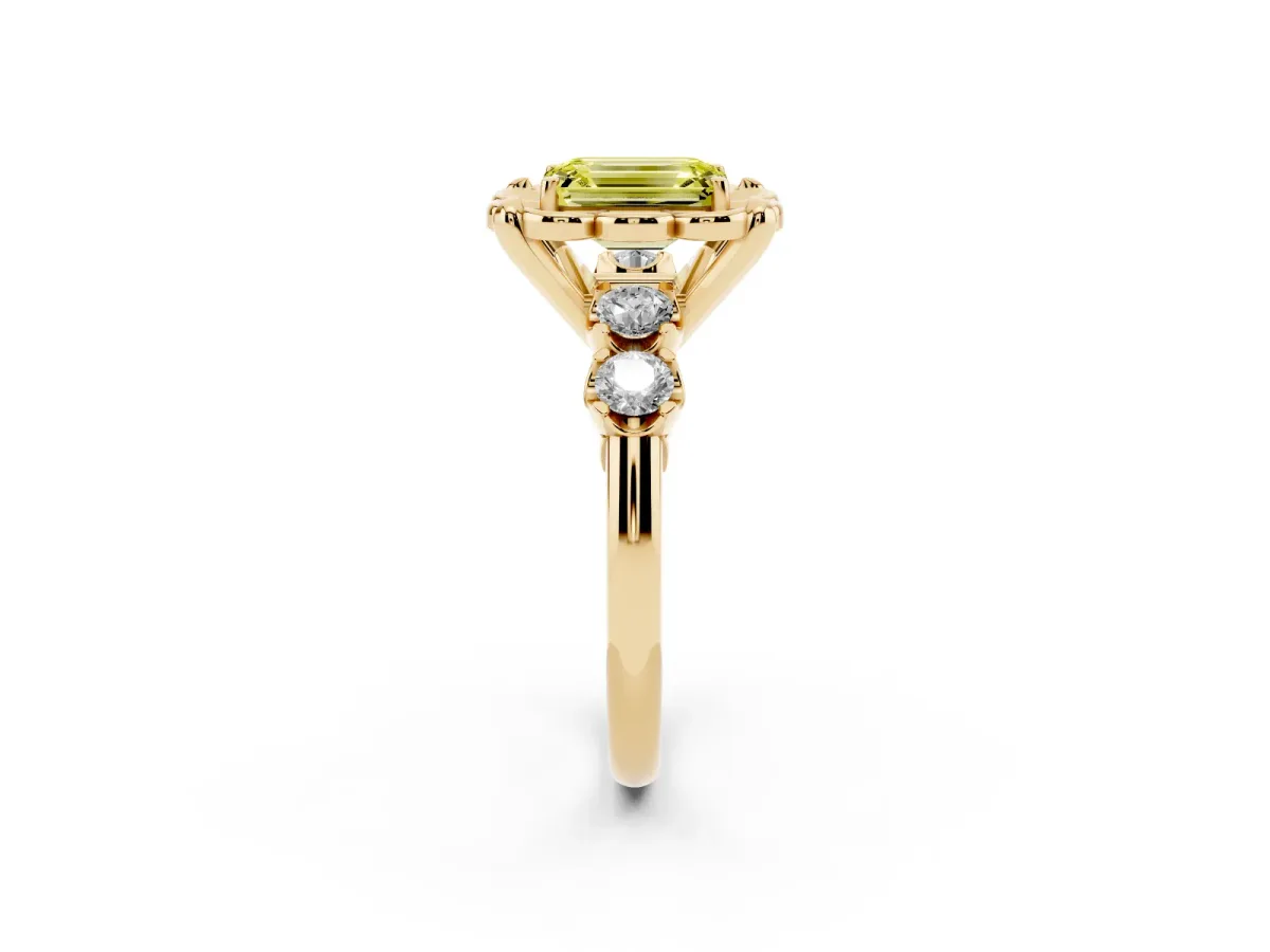 Fancy Yellow Emerald Cut Cut Diamond Floral Halo Engagement Ring with Shared Prong Setting Yellow gold