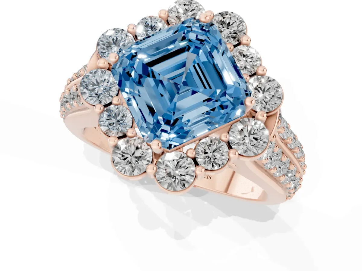 Fancy Blue Asscher Cut Halo Diamond Engagement Ring with Split Shank and Prong Setting Rose gold