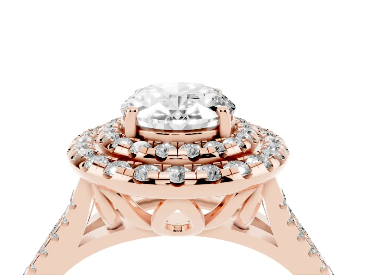 Double Halo Oval Cut Diamond Pavé Split Shank Ring with Prong Setting Rose gold
