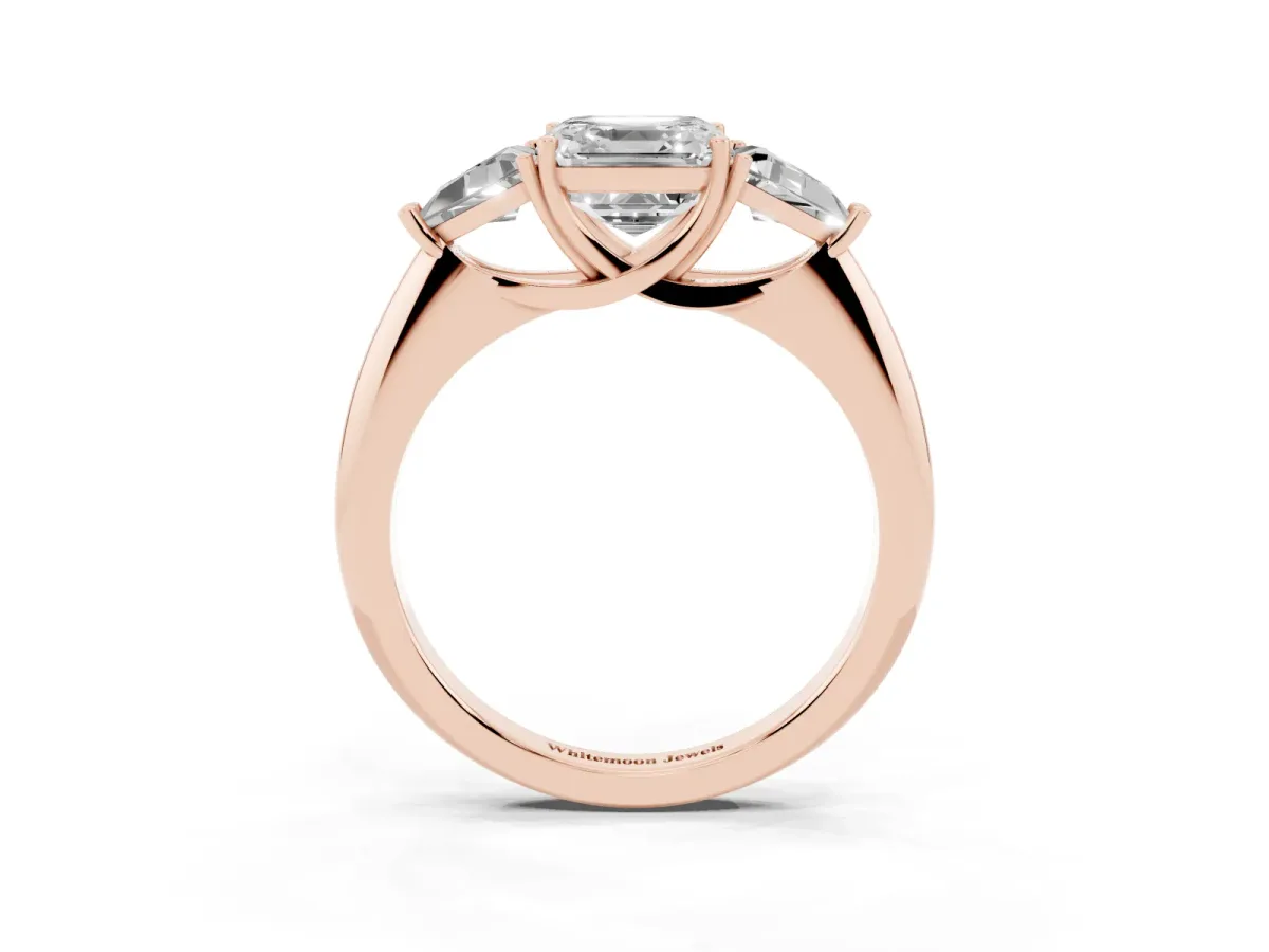 Three-Stone Asscher Cut Diamond Engagement Ring with Trillion Side Stones and Prong Setting Rose gold