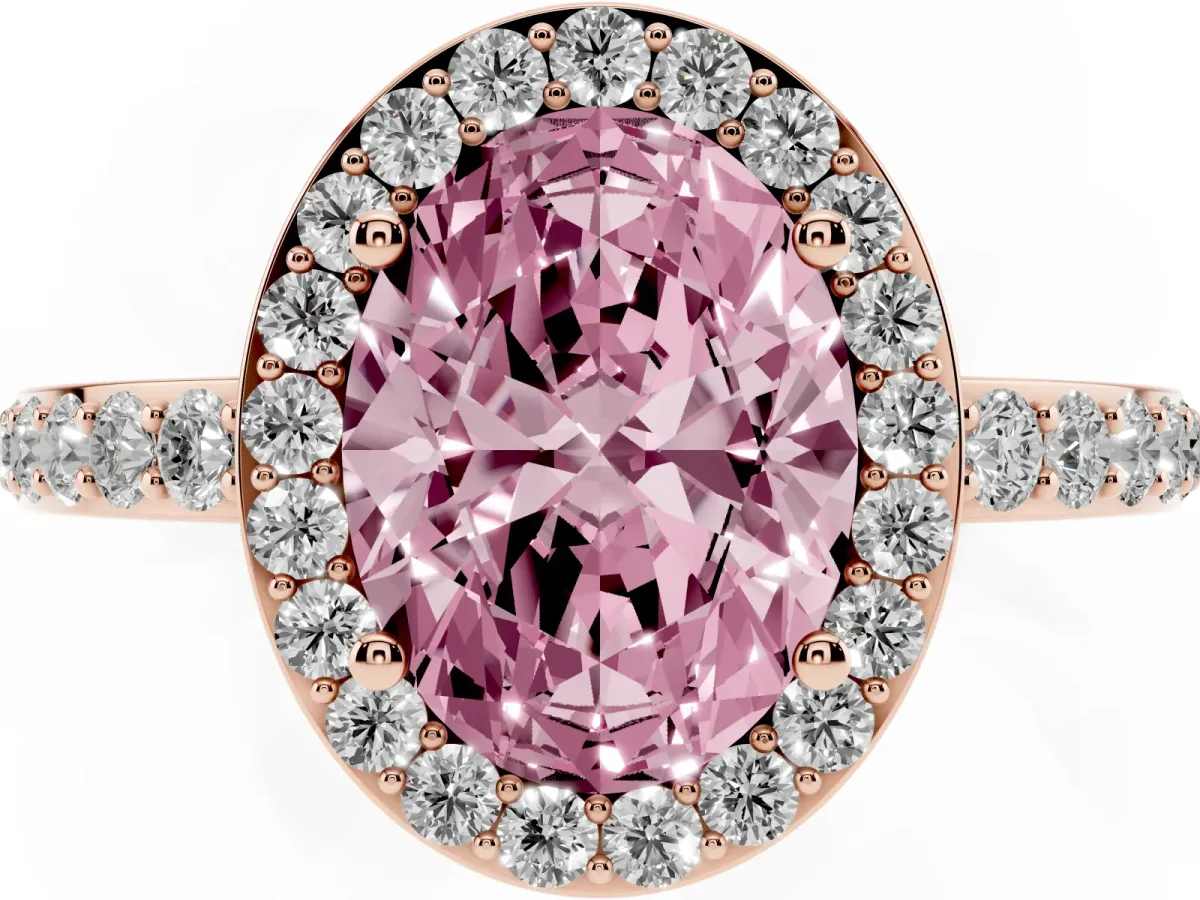 Fancy Pink Oval Cut Halo Diamond Pavé Band Ring with Prong Setting Rose gold