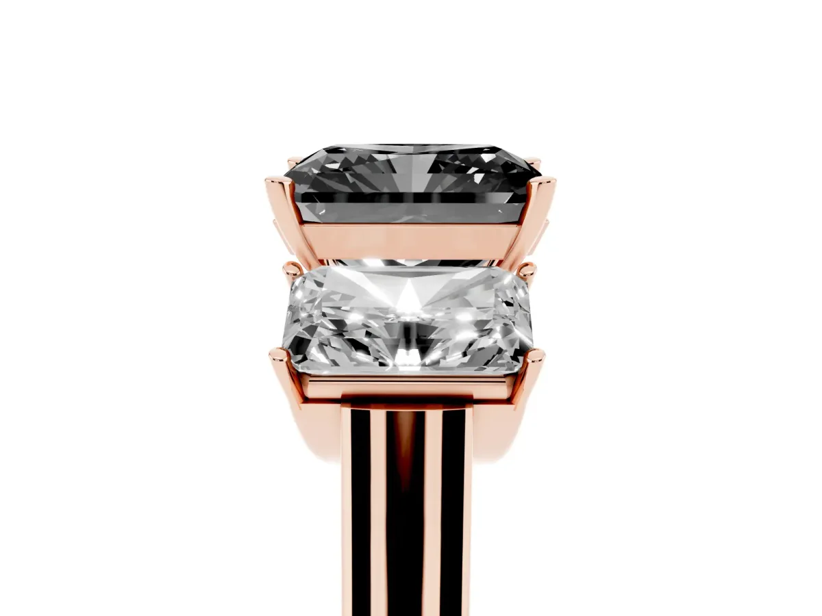 Fancy Black Three-Stone Radiant Cut Brilliant Diamond Trellis Ring with Comfort Fit Band Rose gold