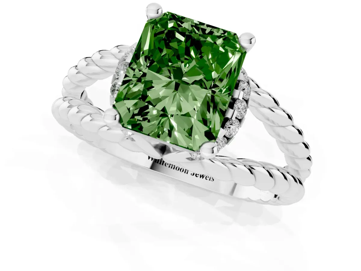 Fancy Green Radiant Cut Halo Twisted Band Four-Prong Ring Platinum