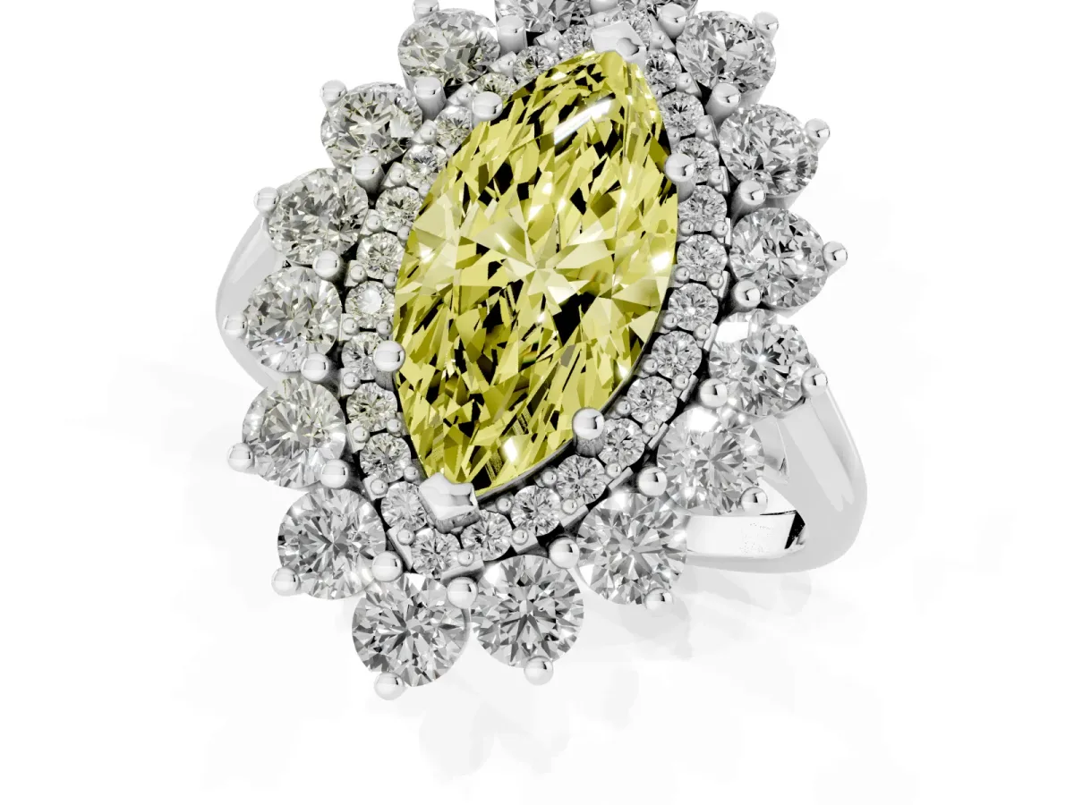 Fancy Yellow Marquise Cut Diamond Floral Double Halo Engagement Ring with Prong Setting Platinum