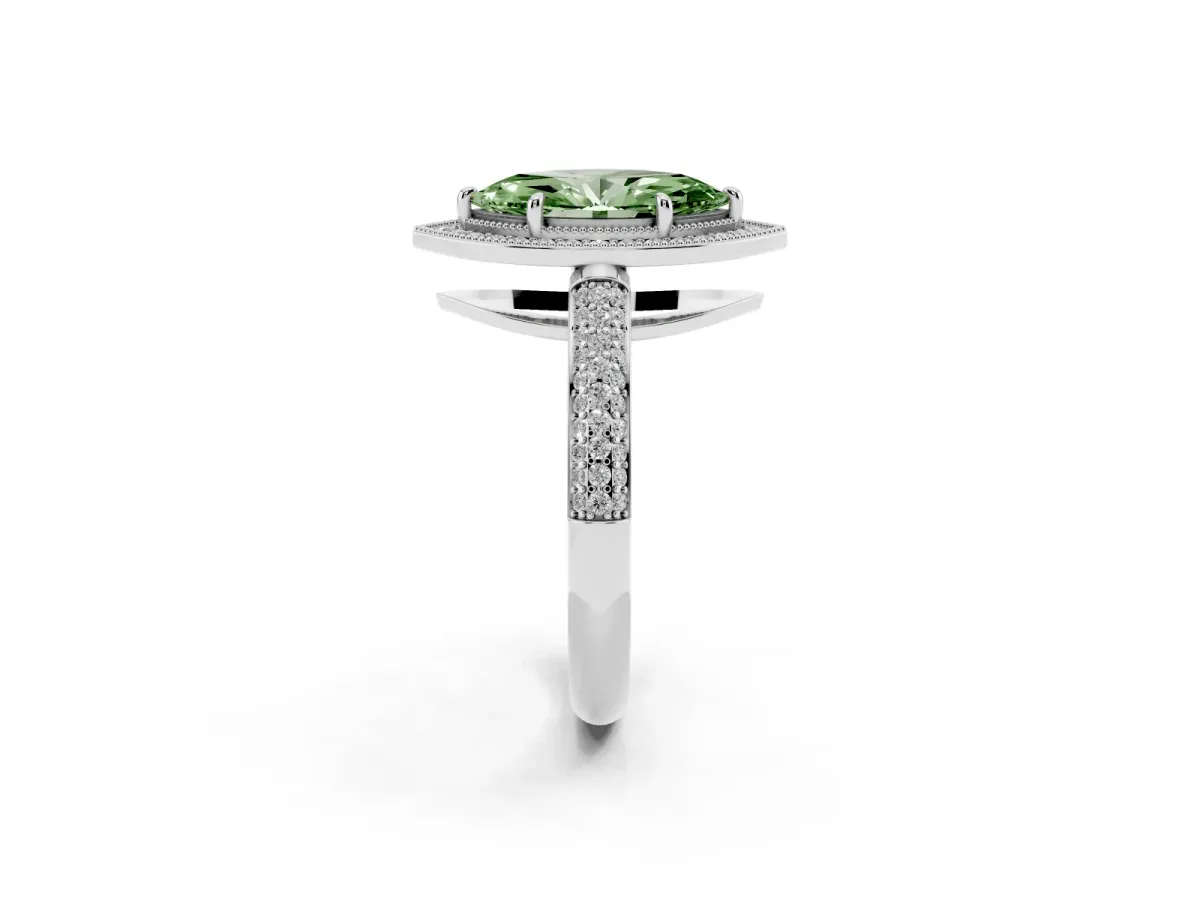 Fancy Green Marquise Cut Cut Halo Diamond Pave Band with Four-Prong Setting Silver