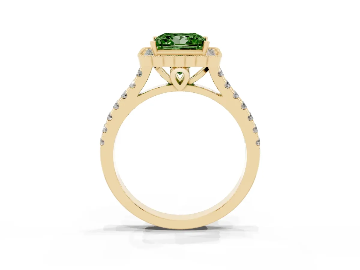 Fancy Green Princess Cut Cut Diamond Milgrain Floral Halo Engagement Ring with Pavé Band Yellow gold