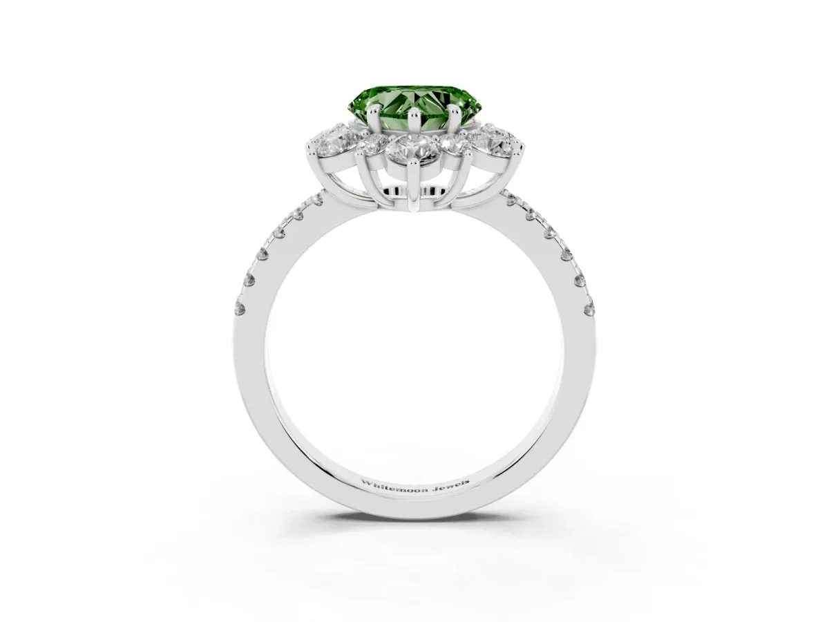 Fancy Green Heart Cut Diamond Floral Halo Ring with Round Pavé Band and Prong Setting Silver