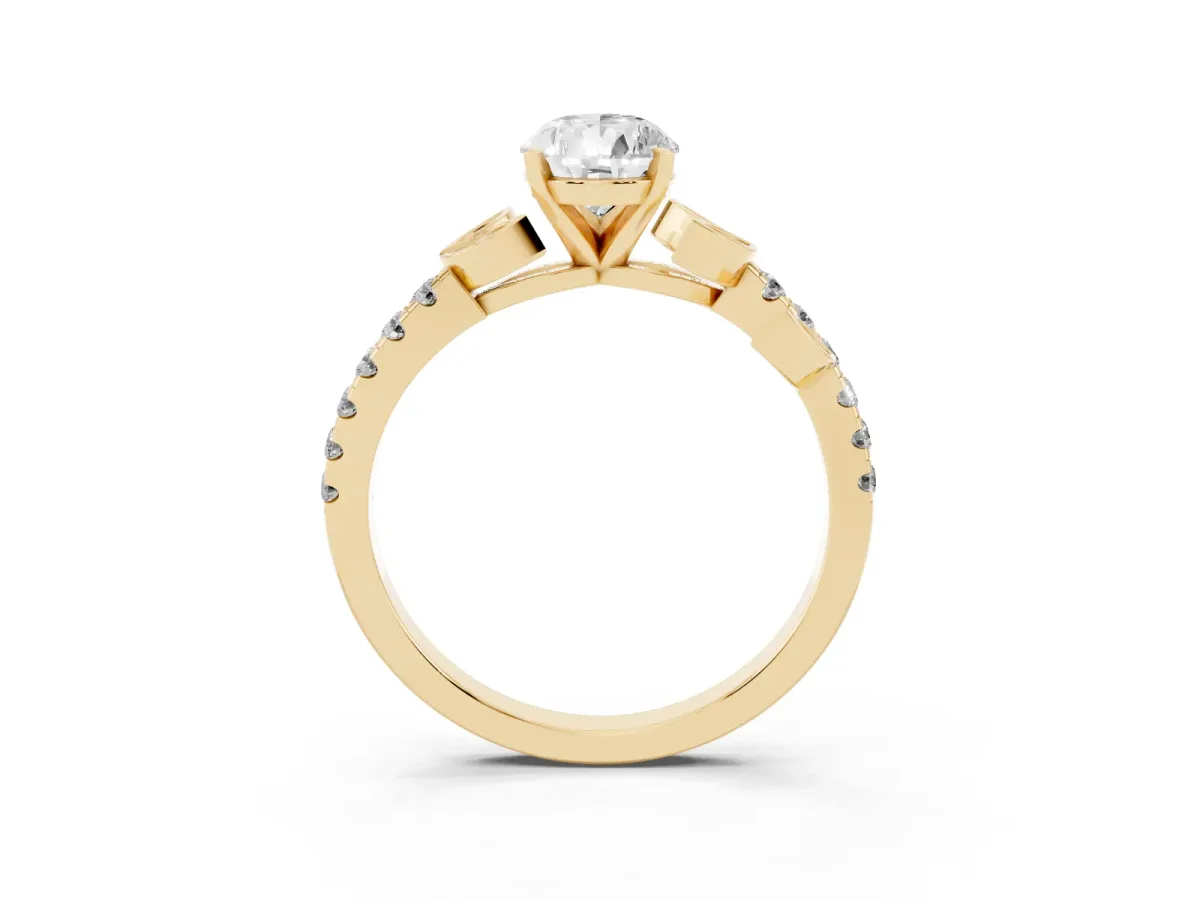 Pear Cut Solitaire Leaf-Inspired Diamond Ring with Pavé Band and Four-Prong Setting Yellow gold