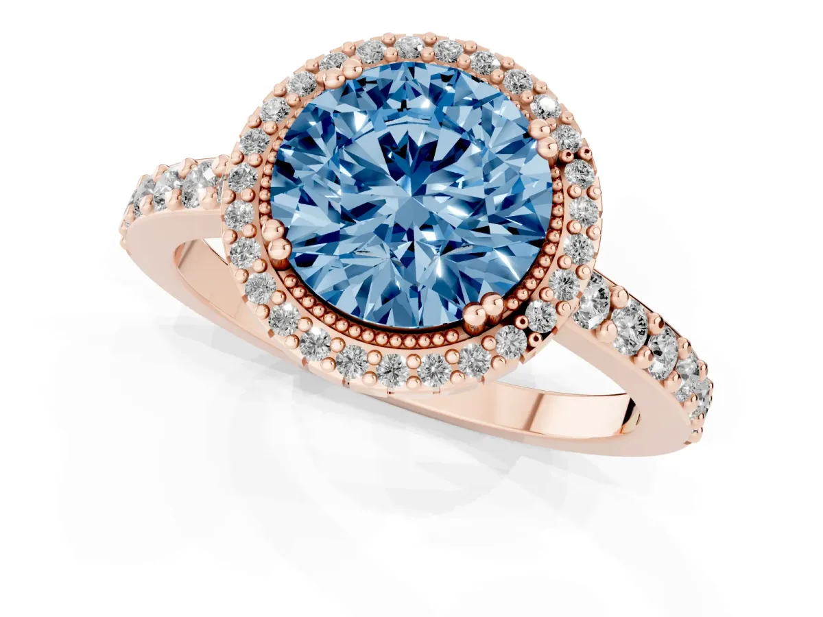 Fancy Blue Round Cut Cut Diamond Halo Engagement Ring with Milgrain Detail and Pavé Band Rose gold