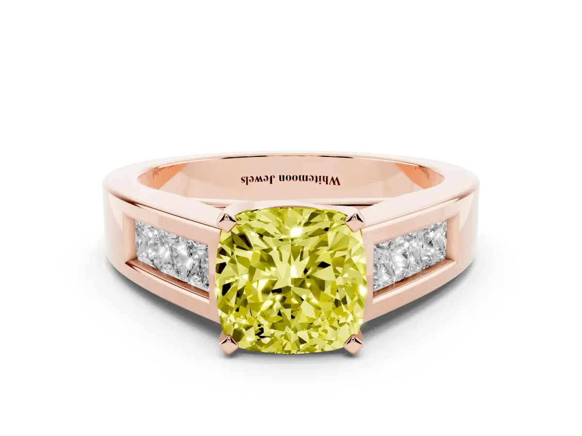 Fancy Yellow Cushion Cut Cut Channel Set Solitaire Ring with Four-Prong Setting Rose gold