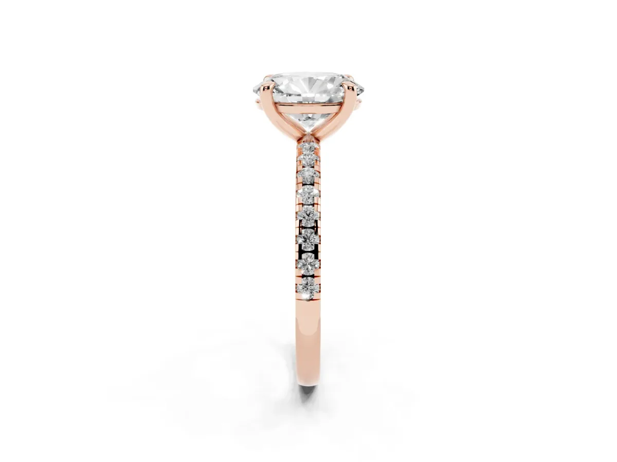 Oval Cut Diamond Brilliant Solitaire Ring with Pavé Band and Four-Prong Setting Rose gold