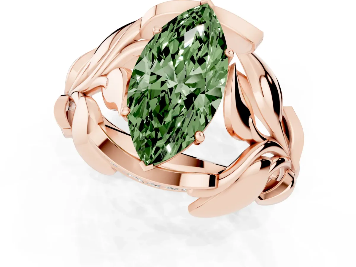 Fancy Green Marquise Cut Diamond Leaf-Inspired Engagement Ring with Round Accents and Prong Setting Rose gold