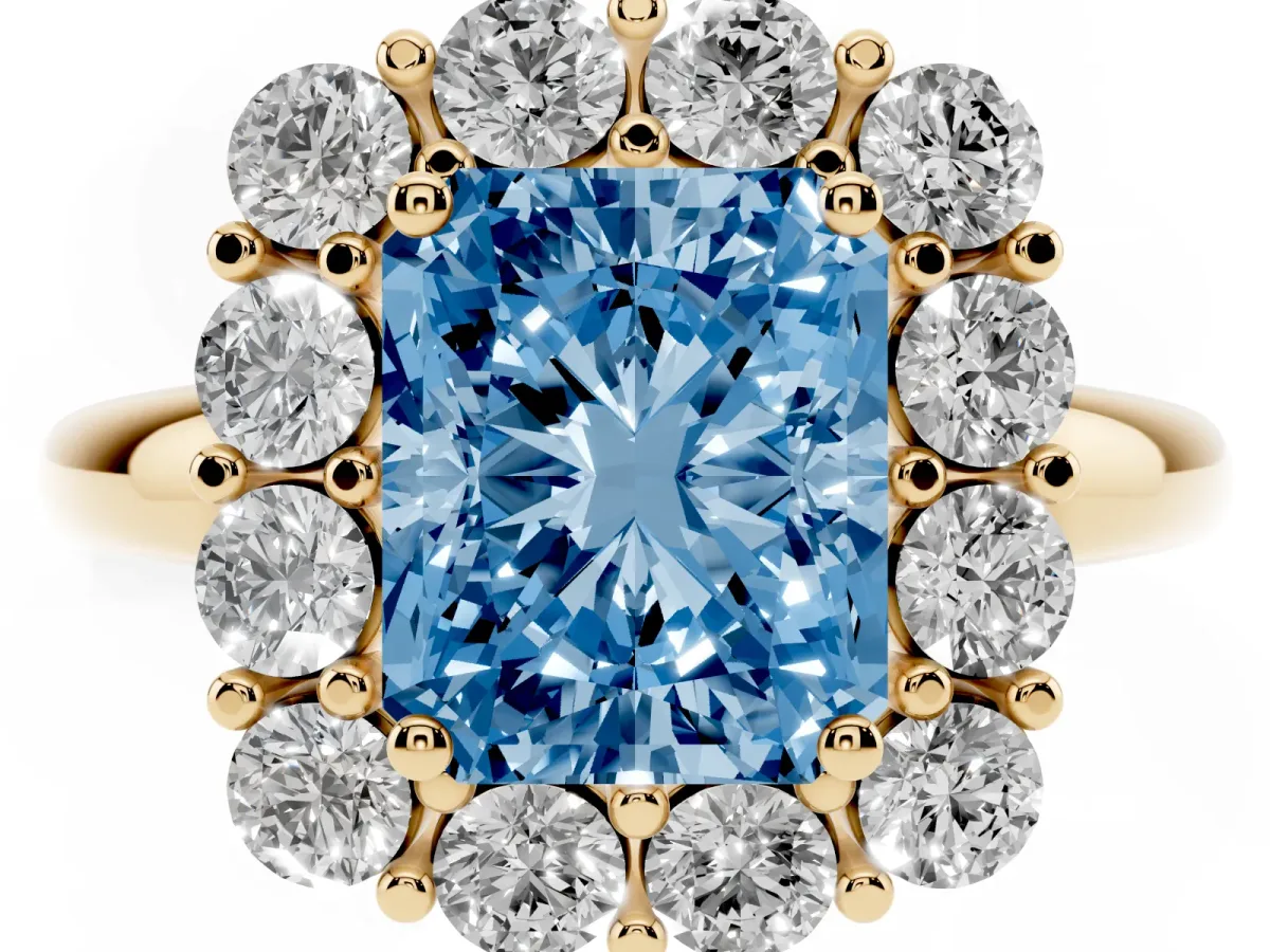 Fancy Blue Radiant Cut Halo Cluster Diamond Engagement Ring with Prong Setting and Polished Band Yellow gold