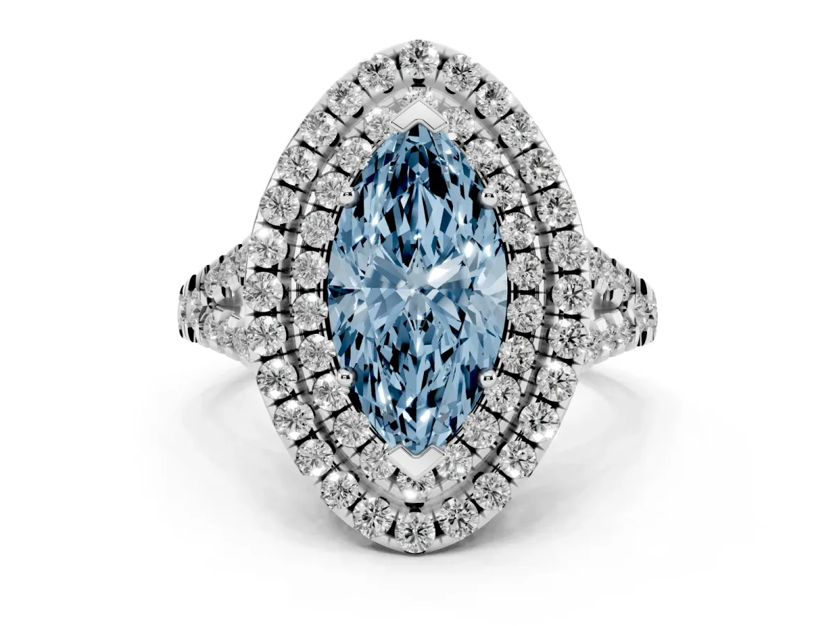 Fancy Blue Double Halo Marquise Cut Diamond Pavé Split Shank Ring with Prong Setting Platinum