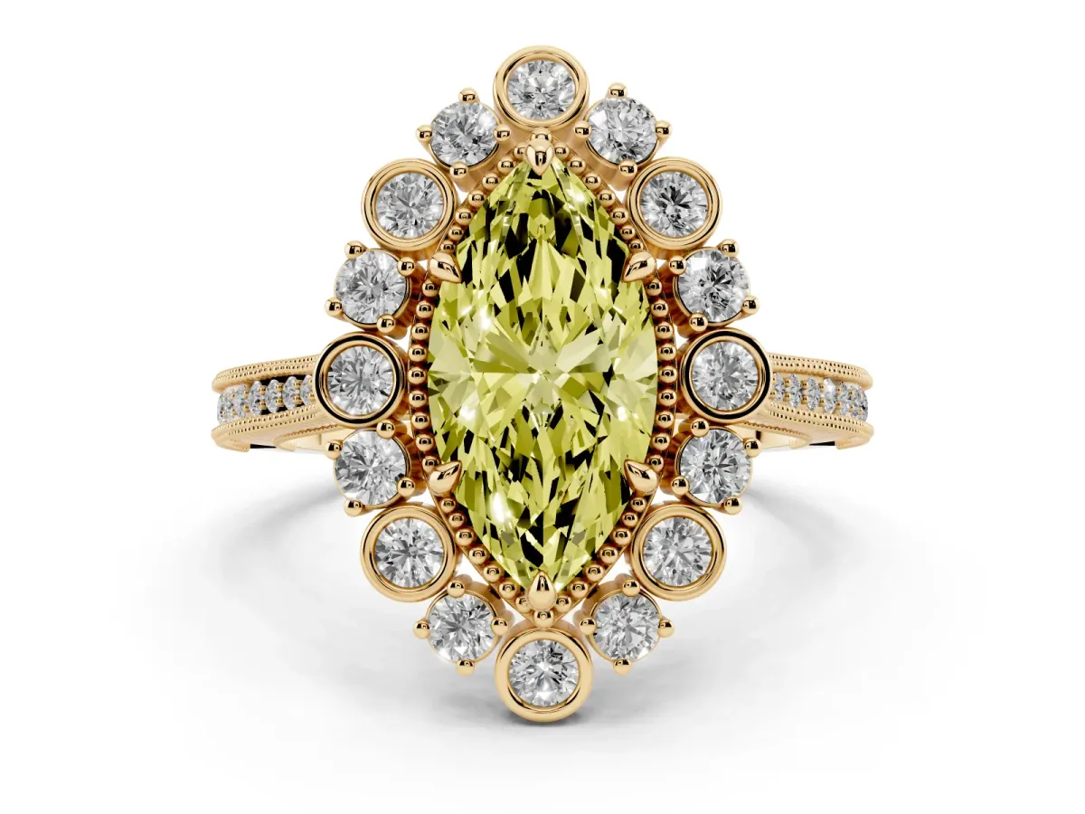 Fancy Yellow Marquise Cut Halo Milgrain Pave Diamond Ring with Four-Prong Setting Yellow gold