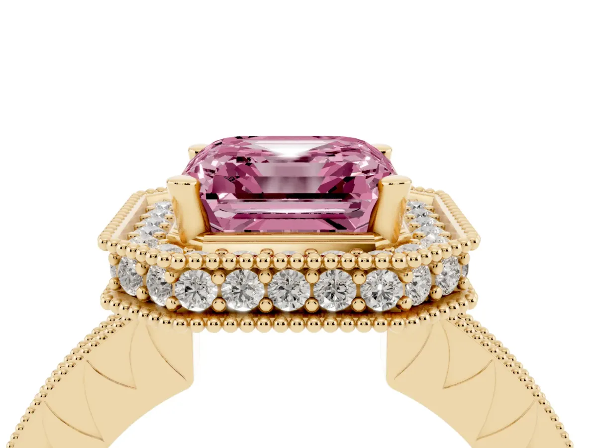 Fancy Pink Asscher Cut Diamond Milgrain Halo Engagement Ring with Round Pavé Band and Prong Setting Yellow gold