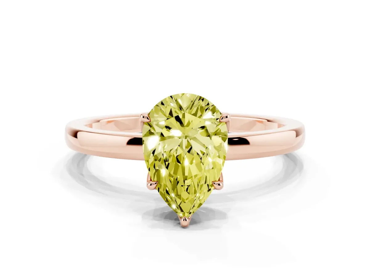 Fancy Yellow Pear Cut Diamond Solitaire Ring with Thin Band and Prong Setting Rose gold