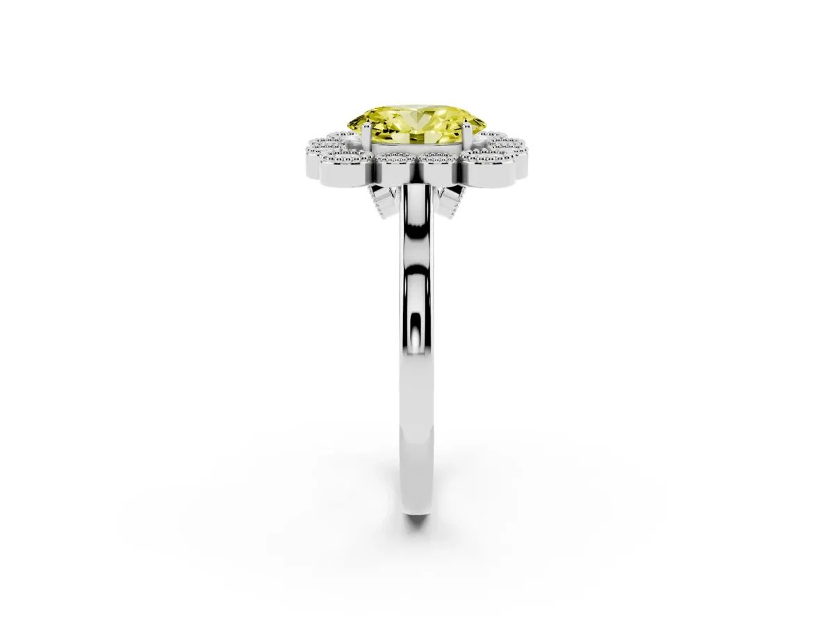 Fancy Yellow Oval Cut Halo Diamond Cluster Engagement Ring with Milgrain Bezel Setting and Solitaire Band Silver