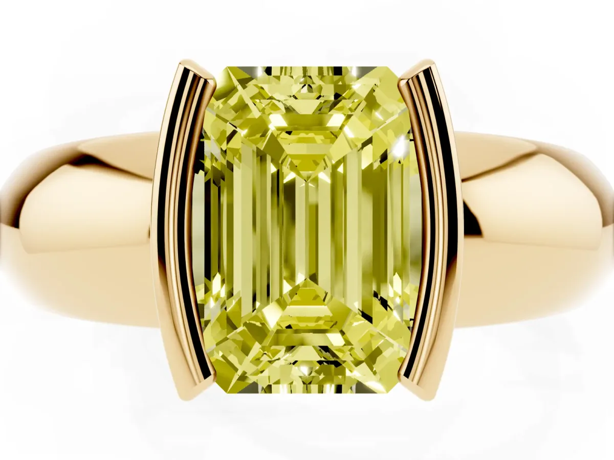 Fancy Yellow Emerald Cut Solitaire Tension Set Diamond Ring with Wide Band Yellow gold